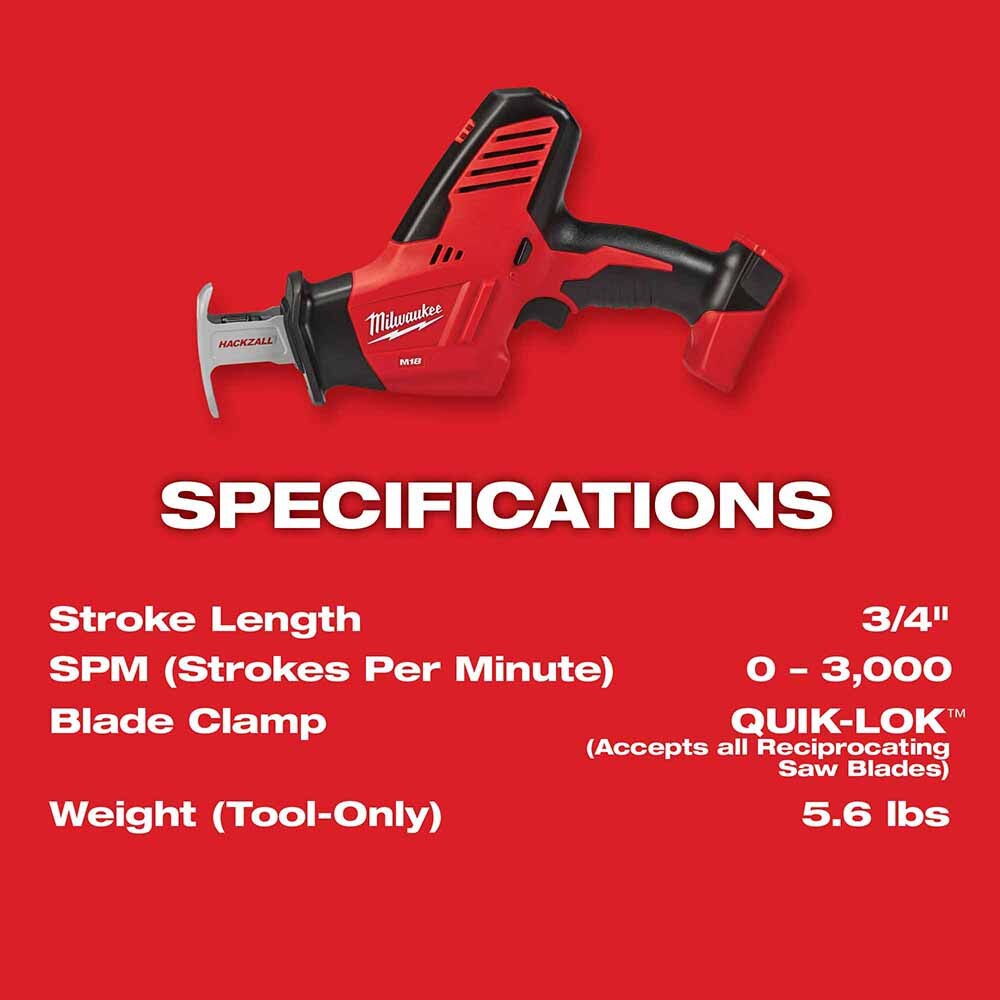 Milwaukee 2625-20 M18 18-Volt Hackzall Cordless One-Handed Reciprocating Saw (Tool Only, No Battery)