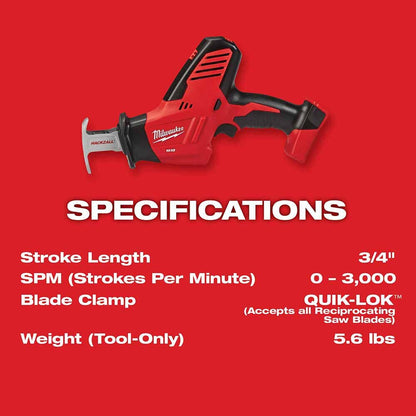 Milwaukee 2625-20 M18 18-Volt Hackzall Cordless One-Handed Reciprocating Saw (Tool Only, No Battery)