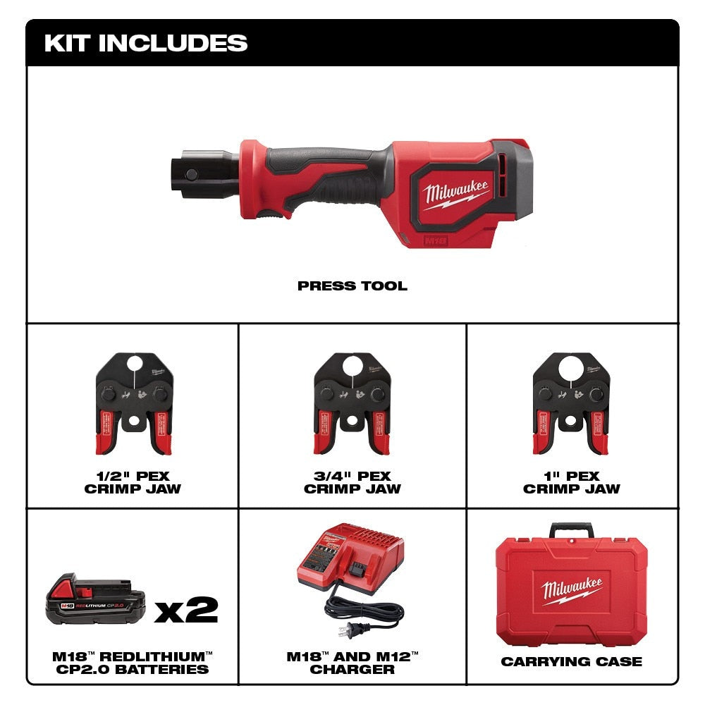 Milwaukee 2674-22C M18 Short Throw Press Tool Kit with PEX Crimp Jaws