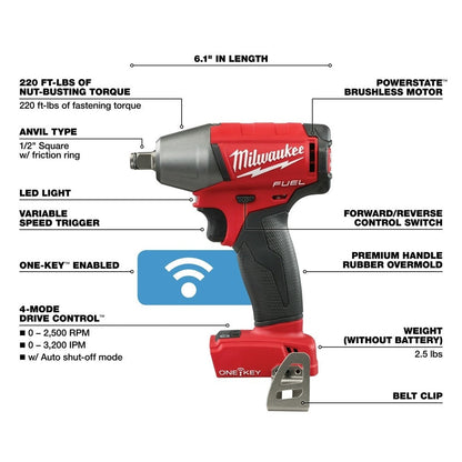 Milwaukee 2759B-20 M18 FUEL 1/2" Compact Impact Wrench with Friction Ring with ONE-KEY (Bare Tool)