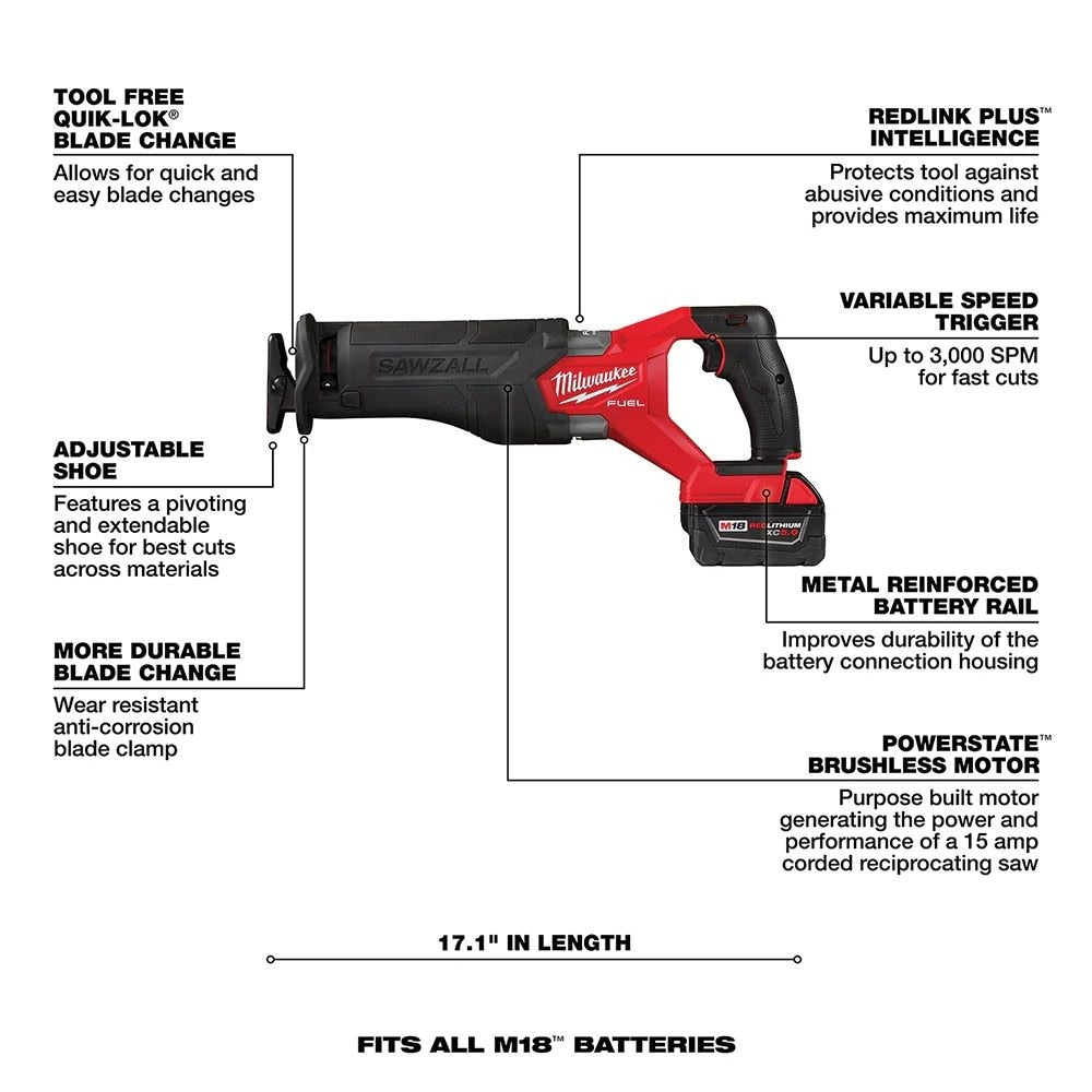 Milwaukee 2821-21F M18 FUEL SAWZALL Recip Saw + Forge Kit