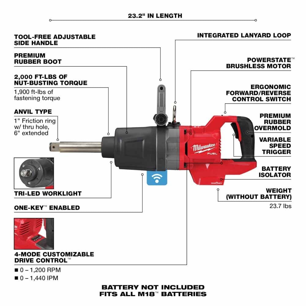 Milwaukee 2869-20 M18 FUEL 1 in. D-Handle Ext Anvil High Torque Impact Wrench w/ ONE-KEY