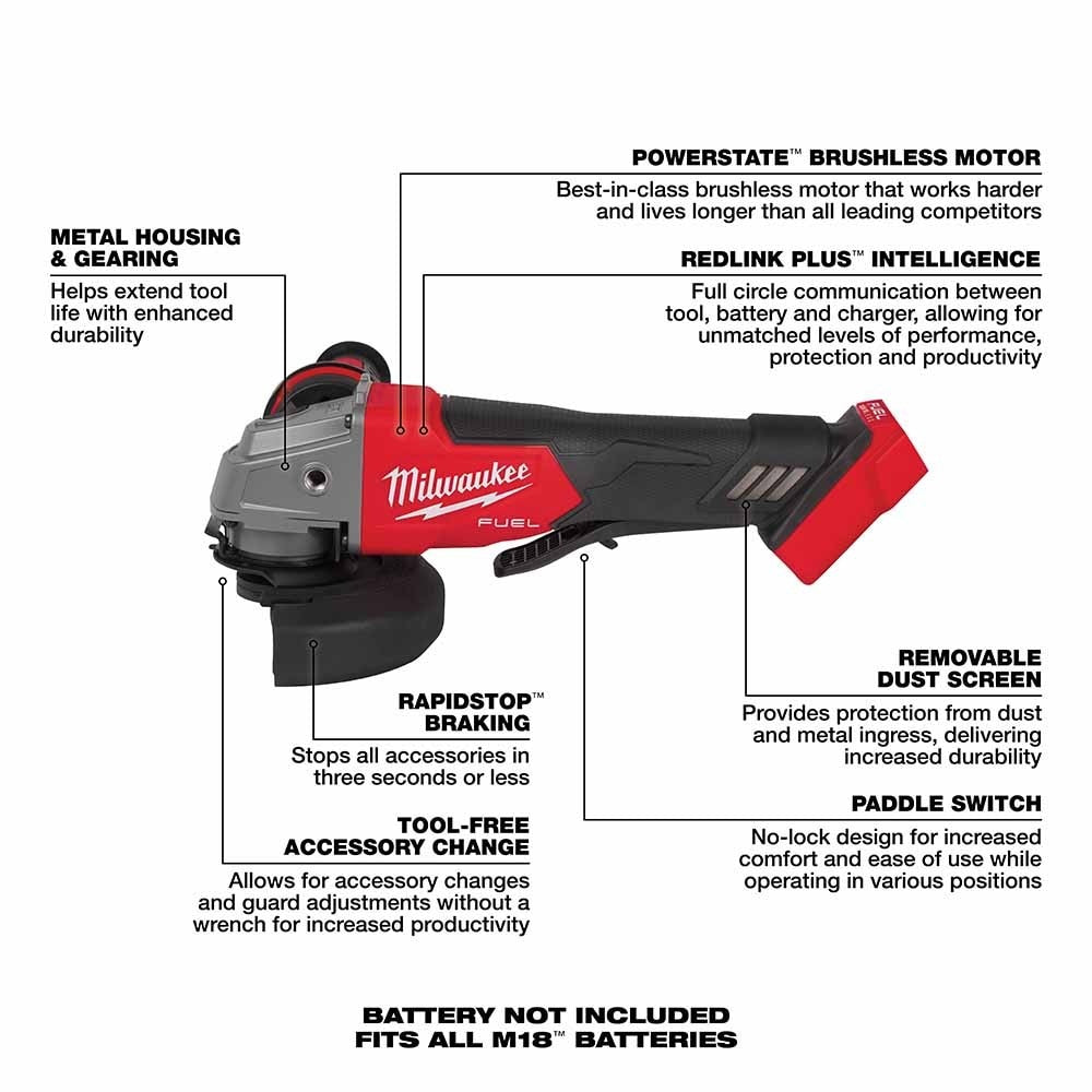 Milwaukee 2880-20 M18 FUEL™ 4-1/2" / 5" Grinder Paddle Switch, No-Lock