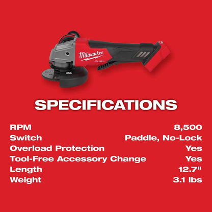 Milwaukee 2880-20 M18 FUEL™ 4-1/2" / 5" Grinder Paddle Switch, No-Lock