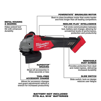Milwaukee 2881-20 M18 FUEL™ 4-1/2" / 5" Grinder Slide Switch, Lock-On