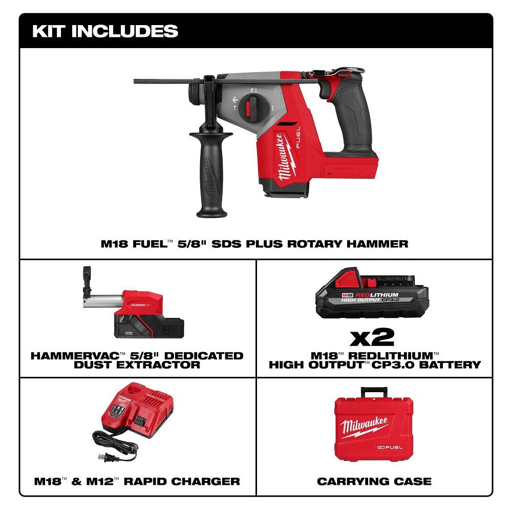 Milwaukee 2908-22DE M18 FUEL 5/8" SDS Plus Rotary Hammer w/ Dust Extractor Kit