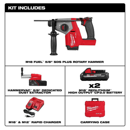 Milwaukee 2908-22DE M18 FUEL 5/8" SDS Plus Rotary Hammer w/ Dust Extractor Kit