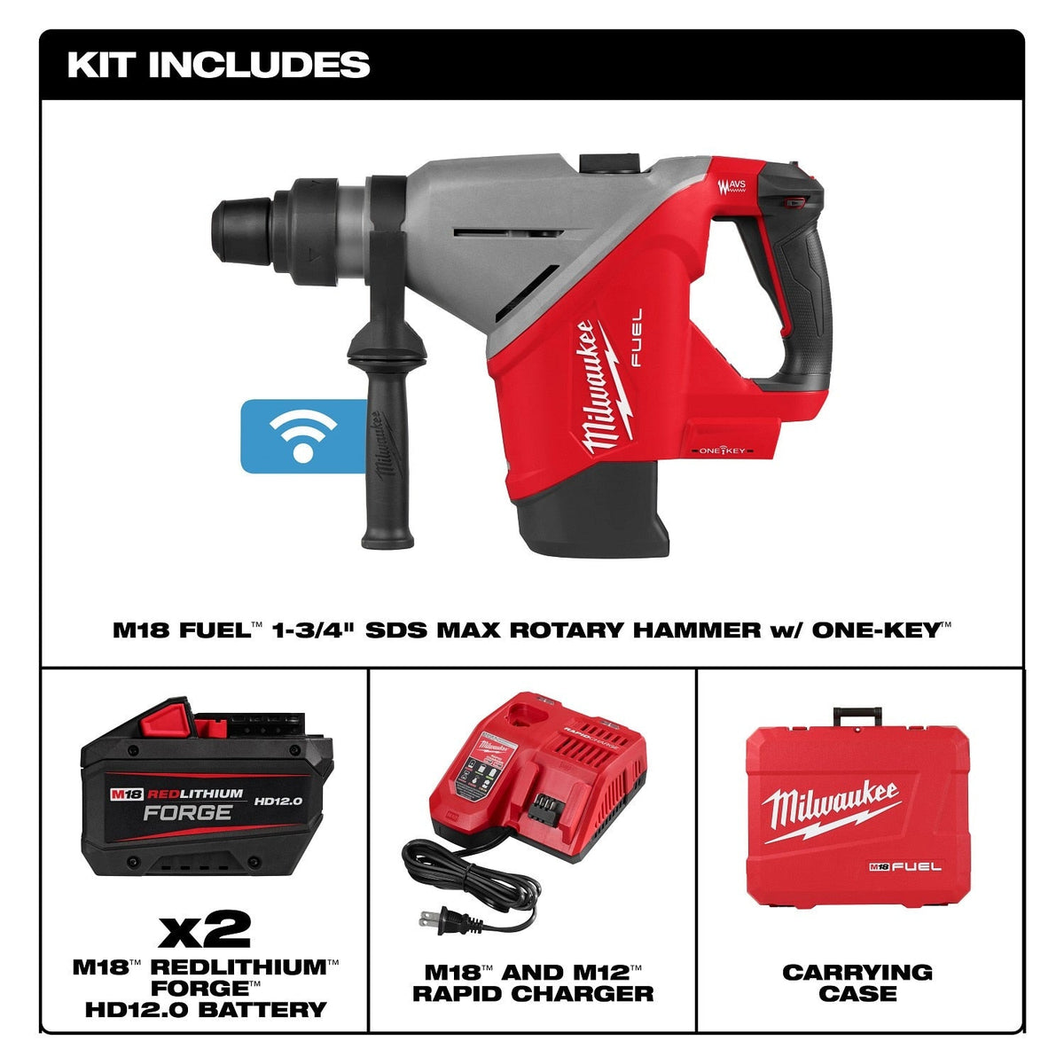 Milwaukee 2918-22HD M18 FUEL 1-3/4" SDS MAX Rotary Hammer Kit with ONE-KEY (2 Batteries, Charger)