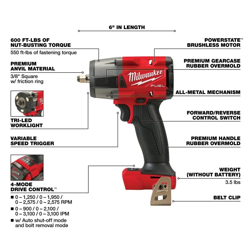 Milwaukee 2960-80 M18 FUEL 3/8" Mid-Torque Impact Wrench with Friction Ring Bare Tool Reconditioned