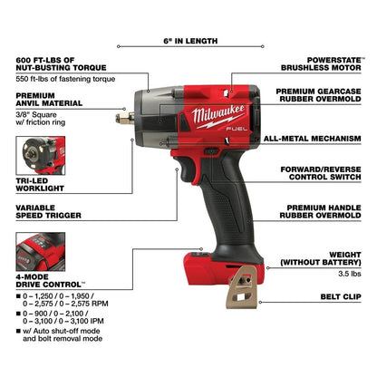 Milwaukee 2960-80 M18 FUEL 3/8" Mid-Torque Impact Wrench with Friction Ring Bare Tool Reconditioned