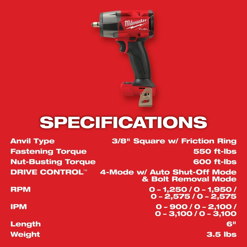 Milwaukee 2960-80 M18 FUEL 3/8" Mid-Torque Impact Wrench with Friction Ring Bare Tool Reconditioned