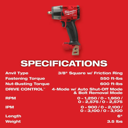 Milwaukee 2960-80 M18 FUEL 3/8" Mid-Torque Impact Wrench with Friction Ring Bare Tool Reconditioned