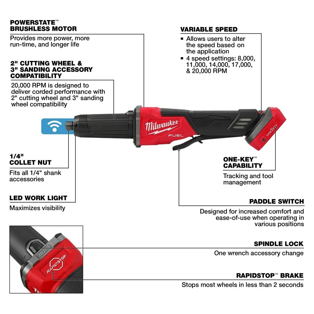 Milwaukee 2984-20 M18 FUEL Variable Speed, Braking Die Grinder, Paddle Switch w/ ONE-KEY