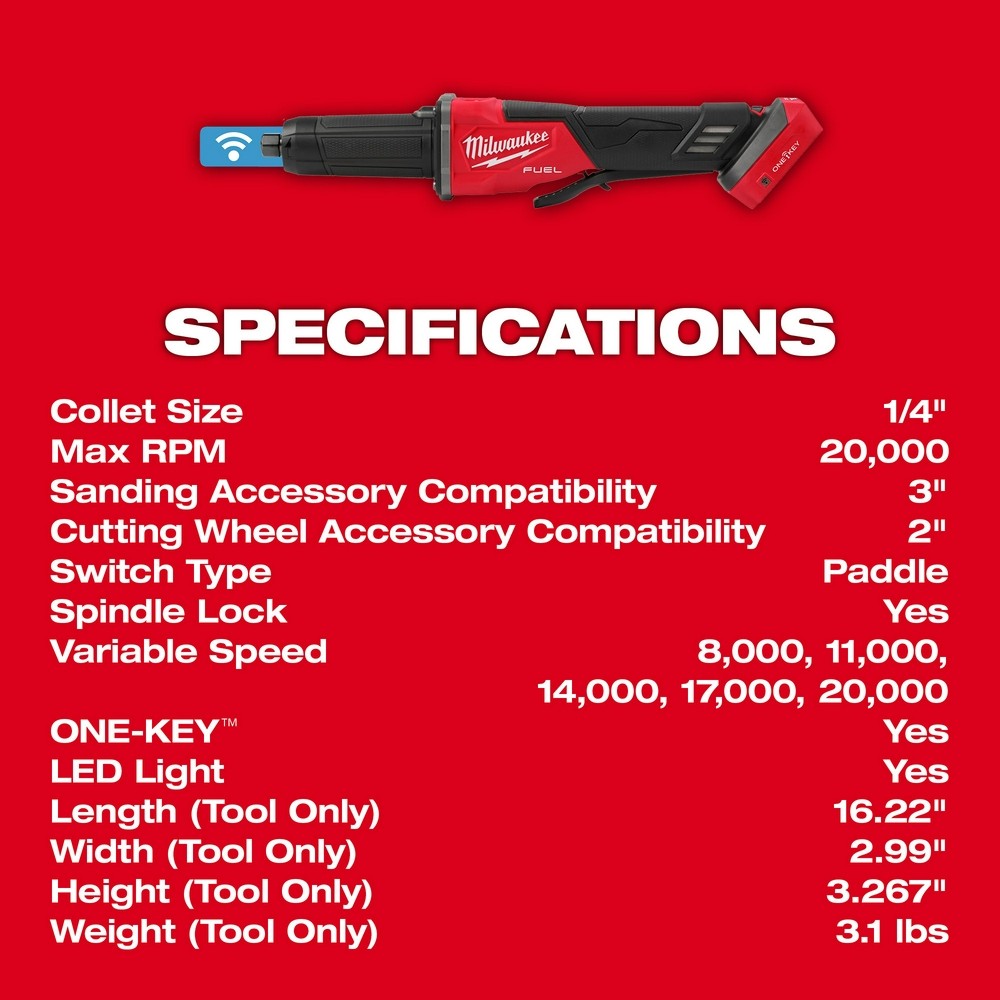Milwaukee 2984-20 M18 FUEL Variable Speed, Braking Die Grinder, Paddle Switch w/ ONE-KEY
