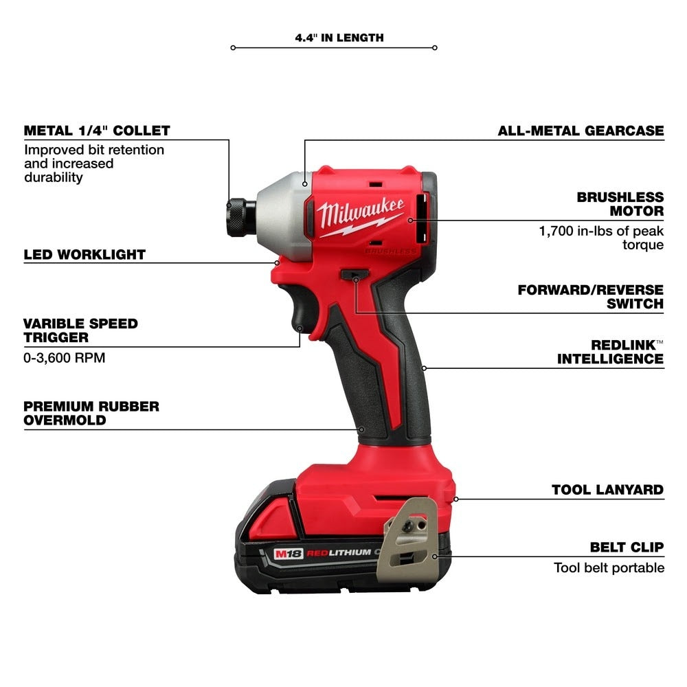 Milwaukee 3650-21P M18 Compact Brushless 1/4" Hex Impact Driver Kit