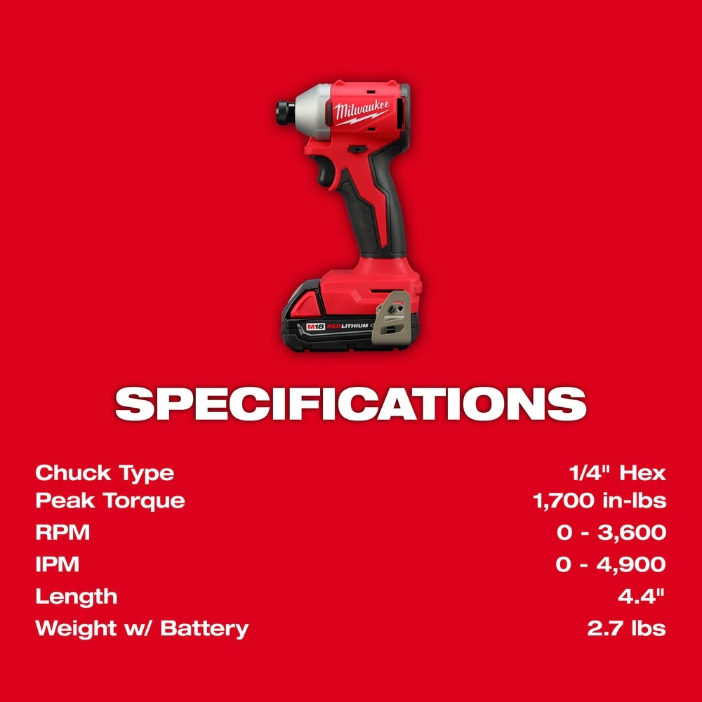 Milwaukee 3650-22CT M18 Compact Brushless 1/4" Hex Impact Driver Kit