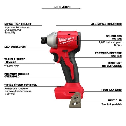 Milwaukee 3651-20 M18 Compact Brushless 1/4" Hex 3-Speed Impact Driver