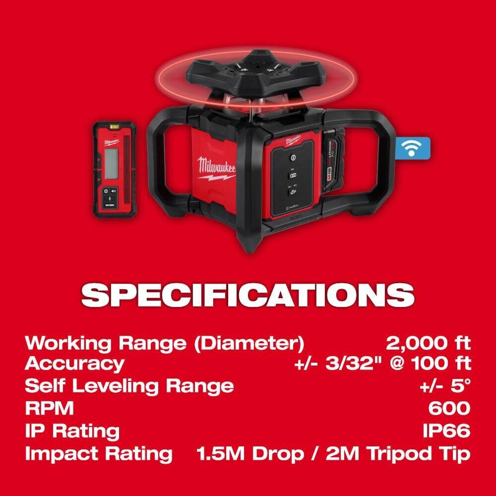 Milwaukee 3701-21 M18 Red Exterior Rotary Laser Level Kit w/ Receiver