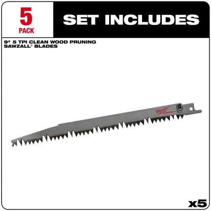 Milwaukee 48-00-1301 Sawzall Blade Wood 5 Teeth per Inch 9-Inch Length, 5 Pack