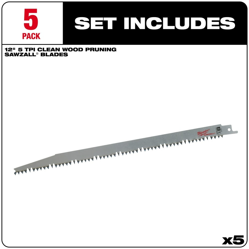 Milwaukee 48-00-1303 12" x 5TPI Wood Pruning Sawzall Blade 5-Pack