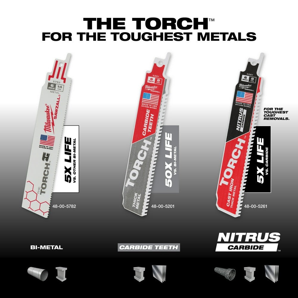 Milwaukee 48-00-5201 6" 8TPI Torch Metal Cutting Sawzall Blade with Carbide Teeth