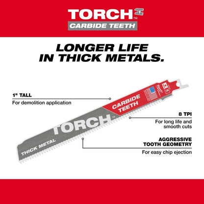 Milwaukee 48-00-5202 9" 7TPI Torch Metal Cutting Sawzall Blade with Carbide Teeth