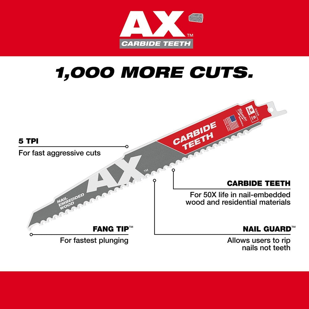 Milwaukee 48-00-5221 AX Sawzall Blade With Carbide Teeth, 6" 5T