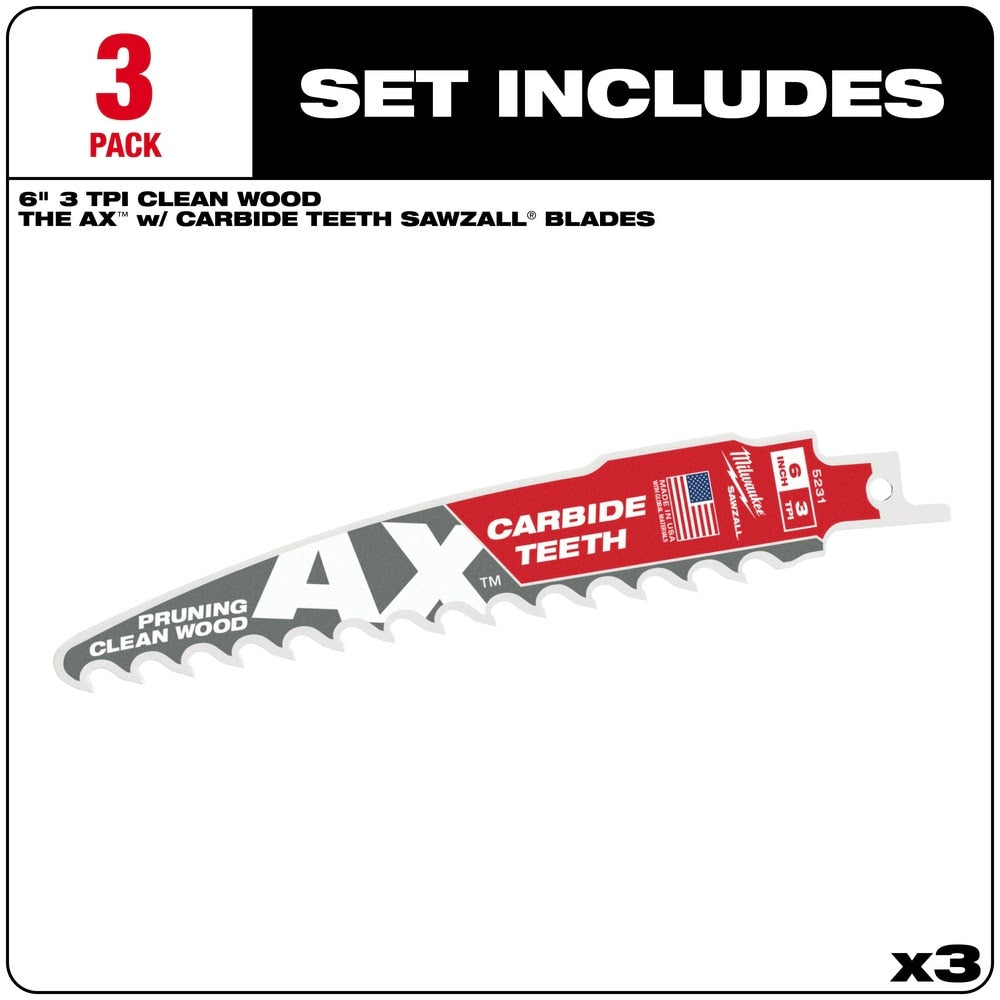 Milwaukee 48-00-5331 6" 3 TPI The AX™ with Carbide Teeth for Pruning & Clean Wood SAWZALL® Blade 3PK