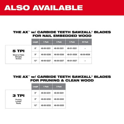 Milwaukee 48-00-5331 6" 3 TPI The AX™ with Carbide Teeth for Pruning & Clean Wood SAWZALL® Blade 3PK