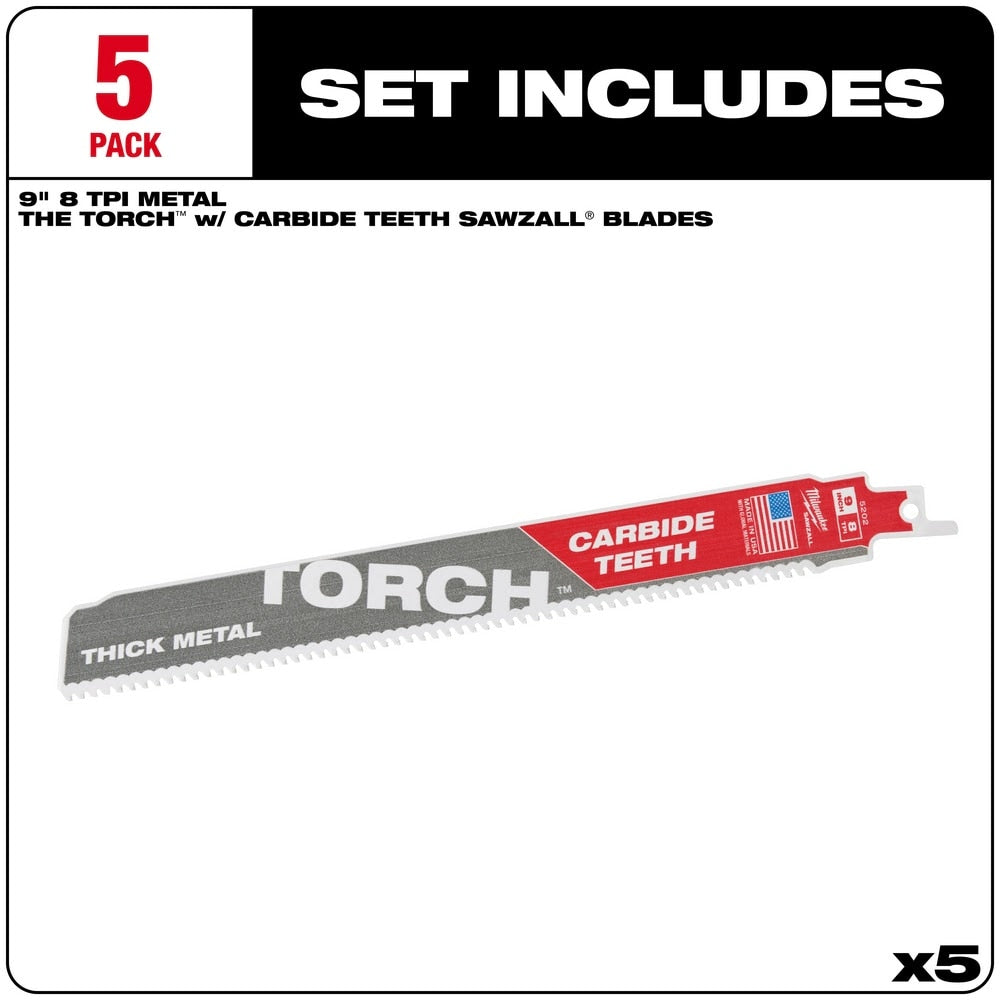 Milwaukee 48-00-5502 9" 7TPI Torch Metal Cutting Sawzall Blade with Carbide Teeth, 5 Pack