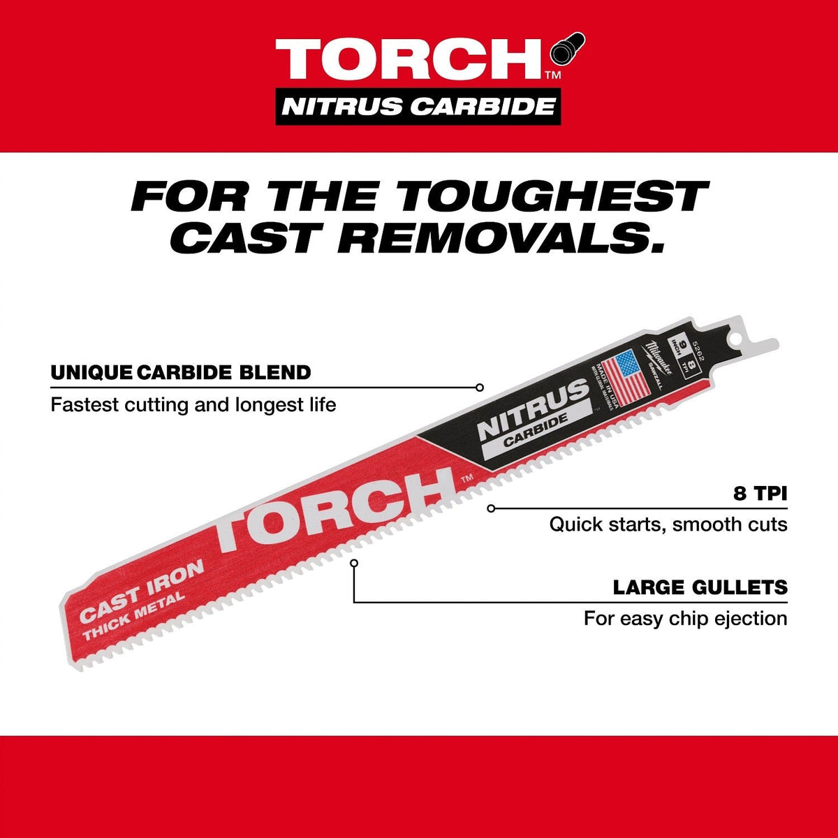 Milwaukee 48-00-5563 12” 7TPI The TORCH™ with NITRUS Carbide™ for Cast Iron SAWZALL®  Blade (5 Pack)