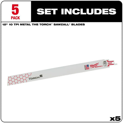 Milwaukee 48-00-5714 Super Sawzall Blade 10 Teeth per Inch 12-Inch Length, Torch , 5 Pack