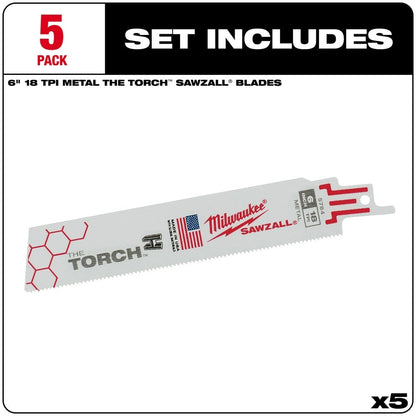Milwaukee 48-00-5784 6" x 18TPI Super Sawzall Demolition Blade 5-Pack