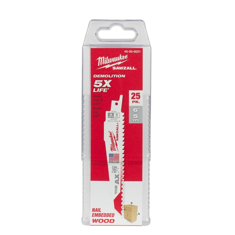 Milwaukee 48-00-8021 6" x 5/8TPI Super Sawzall AX Blade 25-Pack