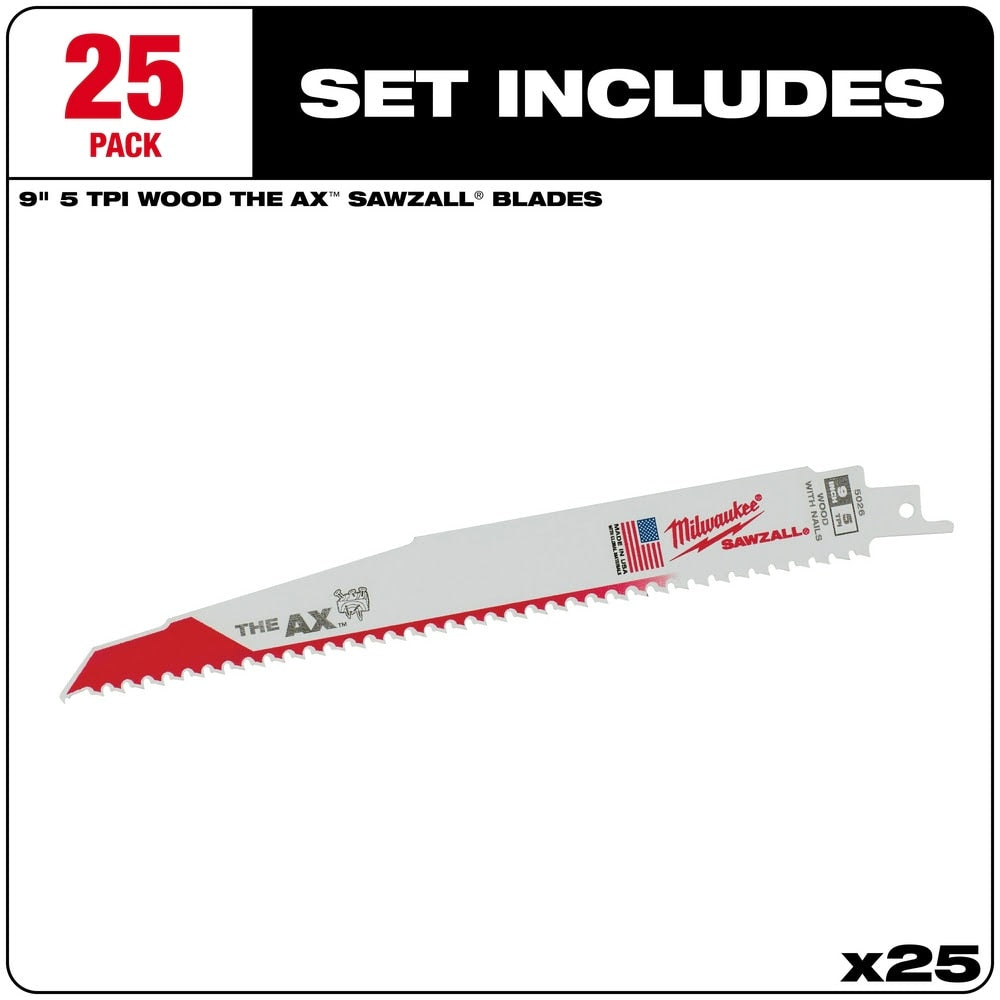 Milwaukee 48-00-8026 9" x 5/8TPI Super Sawzall AX Blade 25-Pack