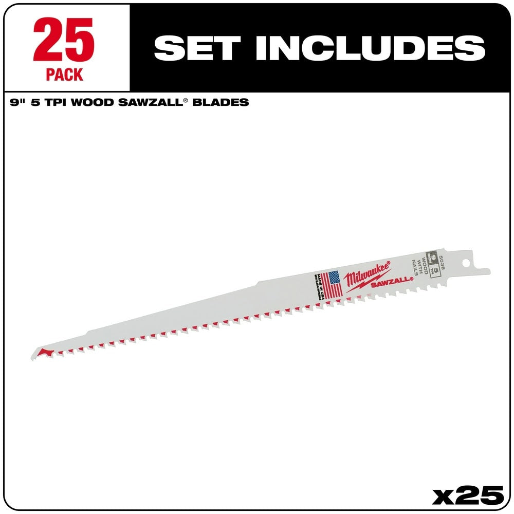 Milwaukee 48-00-8036 Super Sawzall Blade 5 Teeth per Inch 9-Inch Length, 25 Pack