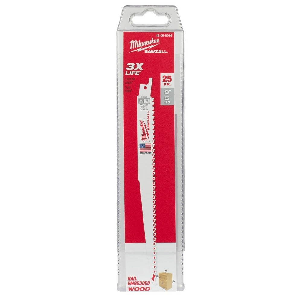 Milwaukee 48-00-8036 Super Sawzall Blade 5 Teeth per Inch 9-Inch Length, 25 Pack