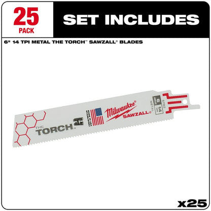 Milwaukee 48-00-8782 6" x 14TPI Super Sawzall Demolition Blade 25-Pack