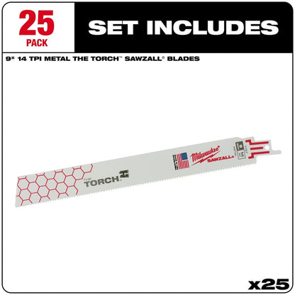 Milwaukee 48-00-8787 9" x 14TPI Super Sawzall Demolition Torch Blade 25-Pack