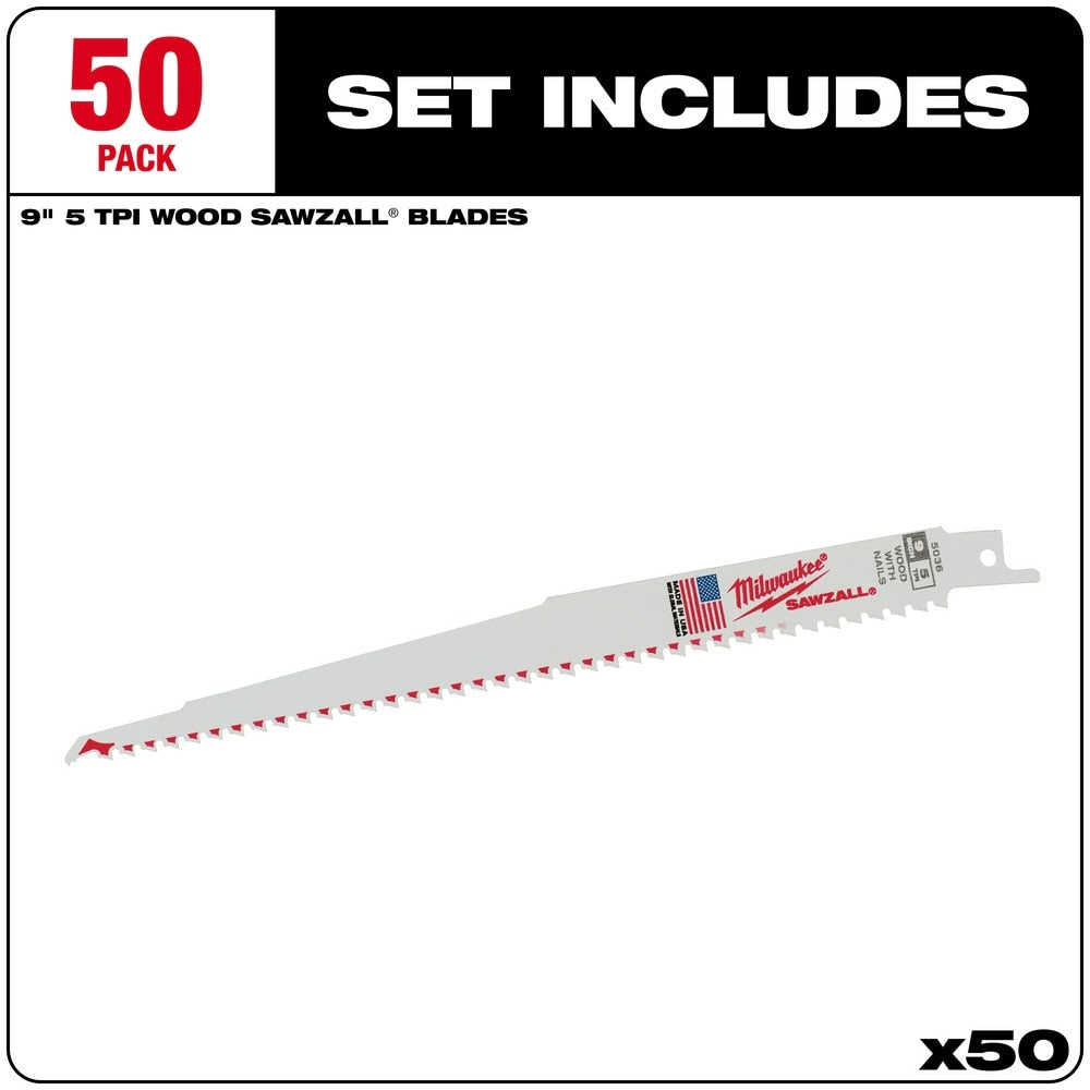 Milwaukee 48-01-6036 9" x 6TPI Bi-Metal Super Sawzall Blade 50-Pack