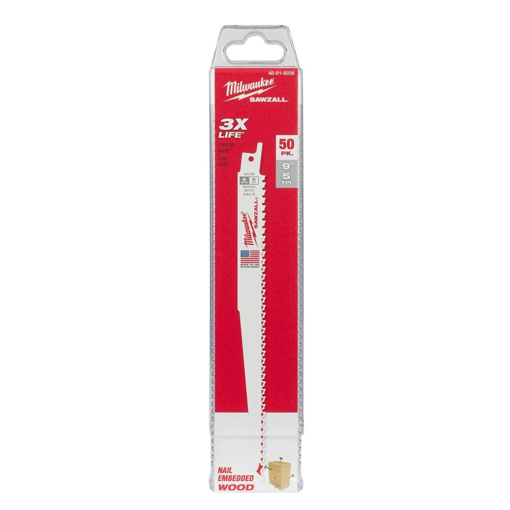 Milwaukee 48-01-6036 9" x 6TPI Bi-Metal Super Sawzall Blade 50-Pack