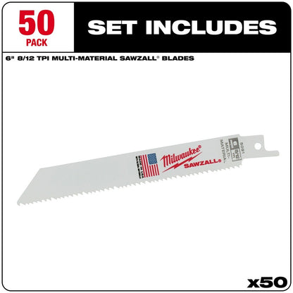 Milwaukee 48-01-6091 6" x 8/12TPI Bi-Metal Super Sawzall Blade (50 Pack)