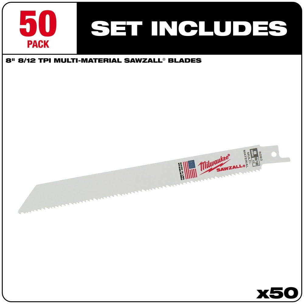 Milwaukee 48-01-6093 8" x 8/12TPI Bi-Metal Super Sawzall Blade (50 Pack)
