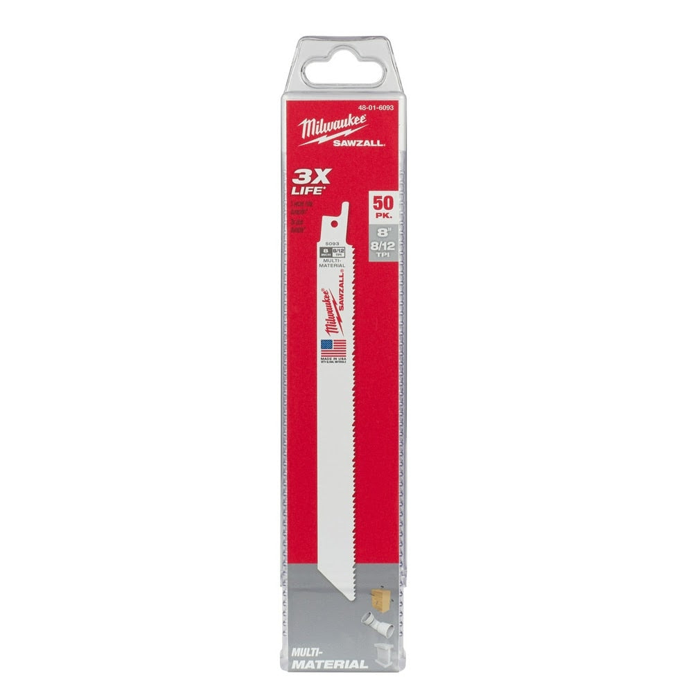 Milwaukee 48-01-6093 8" x 8/12TPI Bi-Metal Super Sawzall Blade (50 Pack)