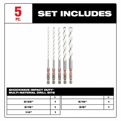 Milwaukee 48-20-8898 SHOCKWAVE Impact Duty Carbide Multi-Material Drill Bit Set - 5PC
