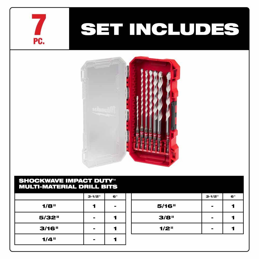 Milwaukee 48-20-8899 SHOCKWAVE Impact Duty Carbide Multi-Material Drill Bit Set - 7PC