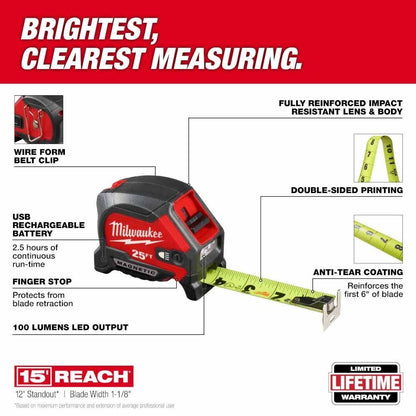 Milwaukee 48-22-0428 25" Compact Wide Blade Magnetic Tape Measure w/ Rechargeable 100 Lumen LED Light