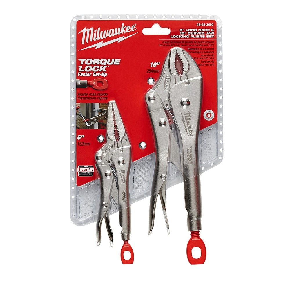 Milwaukee 48-22-3602 2PC 10" CURVED JAW J & 6" LONG NOSE TORQUE LOCK LOCKING PLIERS SET