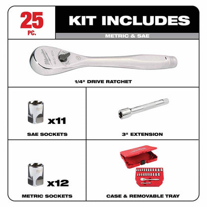 Milwaukee 48-22-9044 25pc 1/4" Drive Metric & SAE Ratchet and Socket Set with FOUR FLAT SIDES