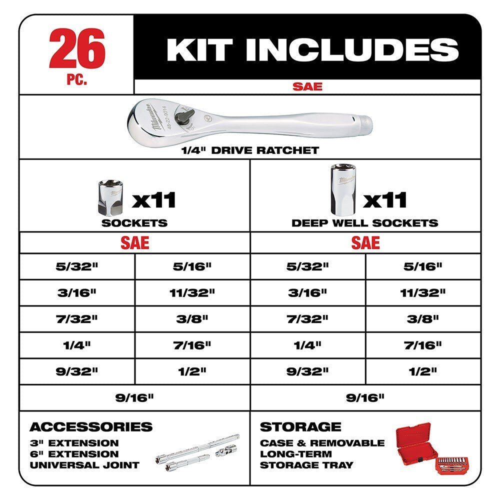 Milwaukee 48-22-9404 1/4" Drive 26 Piece Ratchet & Socket Set - SAE